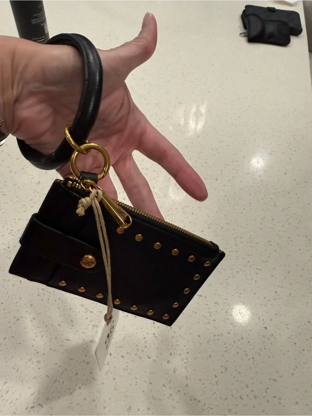 HOBO Black Leather Wristlet Card Case Coin with Gold Stud Accents